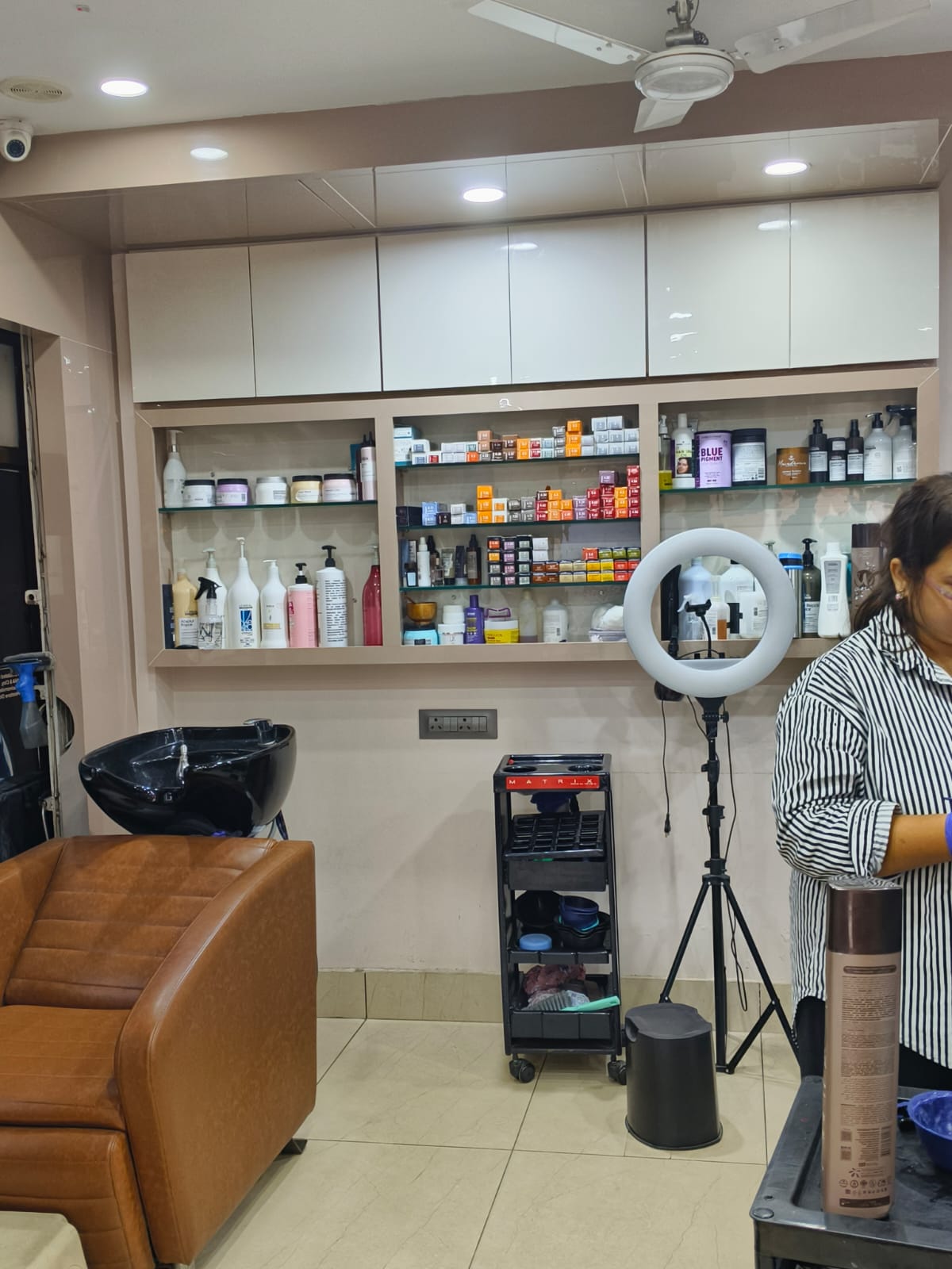 Salon treatment area with professional products